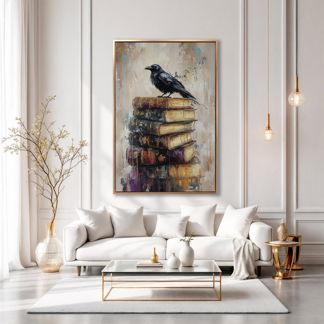 Framed Wall Art: Raven perched on books, abstract painting in neutral tones. Modern decor with gold accents. Perfect for living room.