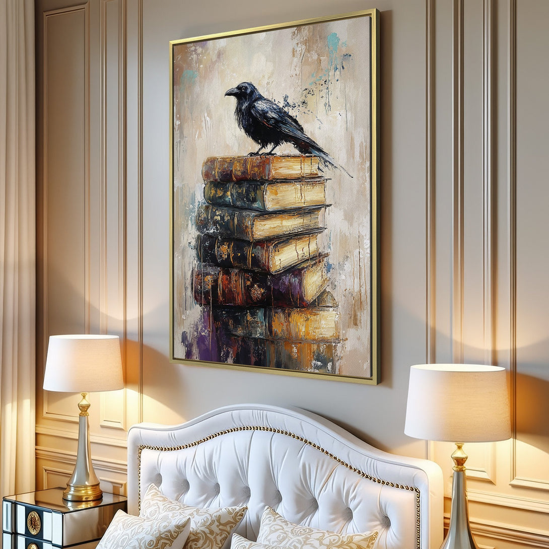 Canvas Print: Abstract raven art on books, neutral tones, perfect for living room decor. Modern style wall art with a touch of mystery.