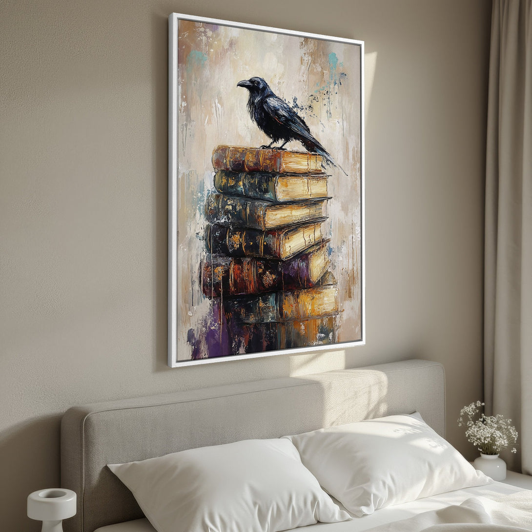 Framed Wall Art: Majestic raven perched on books, painted in an expressive style with warm, earthy tones. Perfect for adding a touch of elegance to any room.