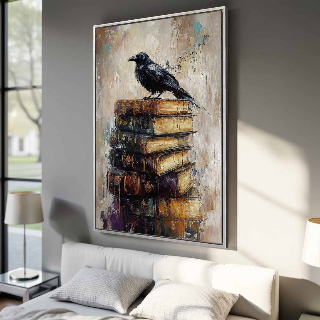 Framed Wall Art: Abstract painting of a raven on books. Earthy tones with pops of blue and purple. Perfect for modern home decor.
