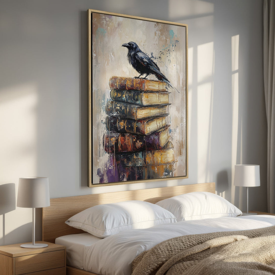 Framed Wall Art: Raven perched on books. Abstract painting style with neutral and warm tones. Perfect bedroom decor. Shop now!