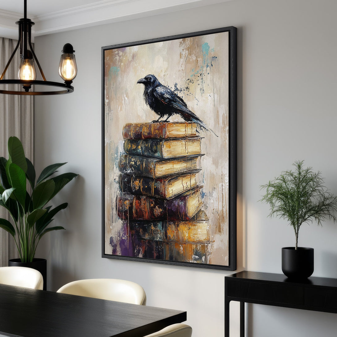 Framed Wall Art: Abstract raven perched on books. Dramatic, textured artwork with a neutral, warm color palette. Perfect for adding a touch of sophistication.