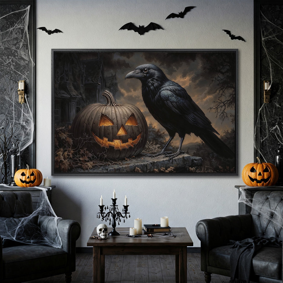 Framed Wall Art: Spooky Halloween raven and jack-o'-lantern print in dark, moody tones. Perfect for adding a touch of gothic style to your home.