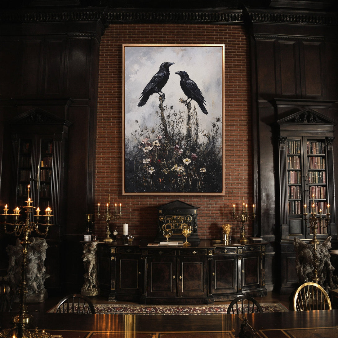 Framed Wall Art: Dramatic raven painting with a dark, moody palette. Perfect for adding a touch of gothic elegance to your space.