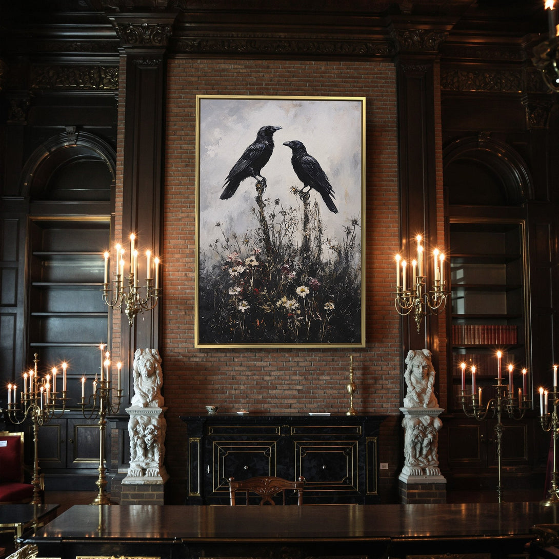 Canvas Print of two black crows on a branch, dark, moody art with a gray & black color palette. Perfect for Halloween decor!