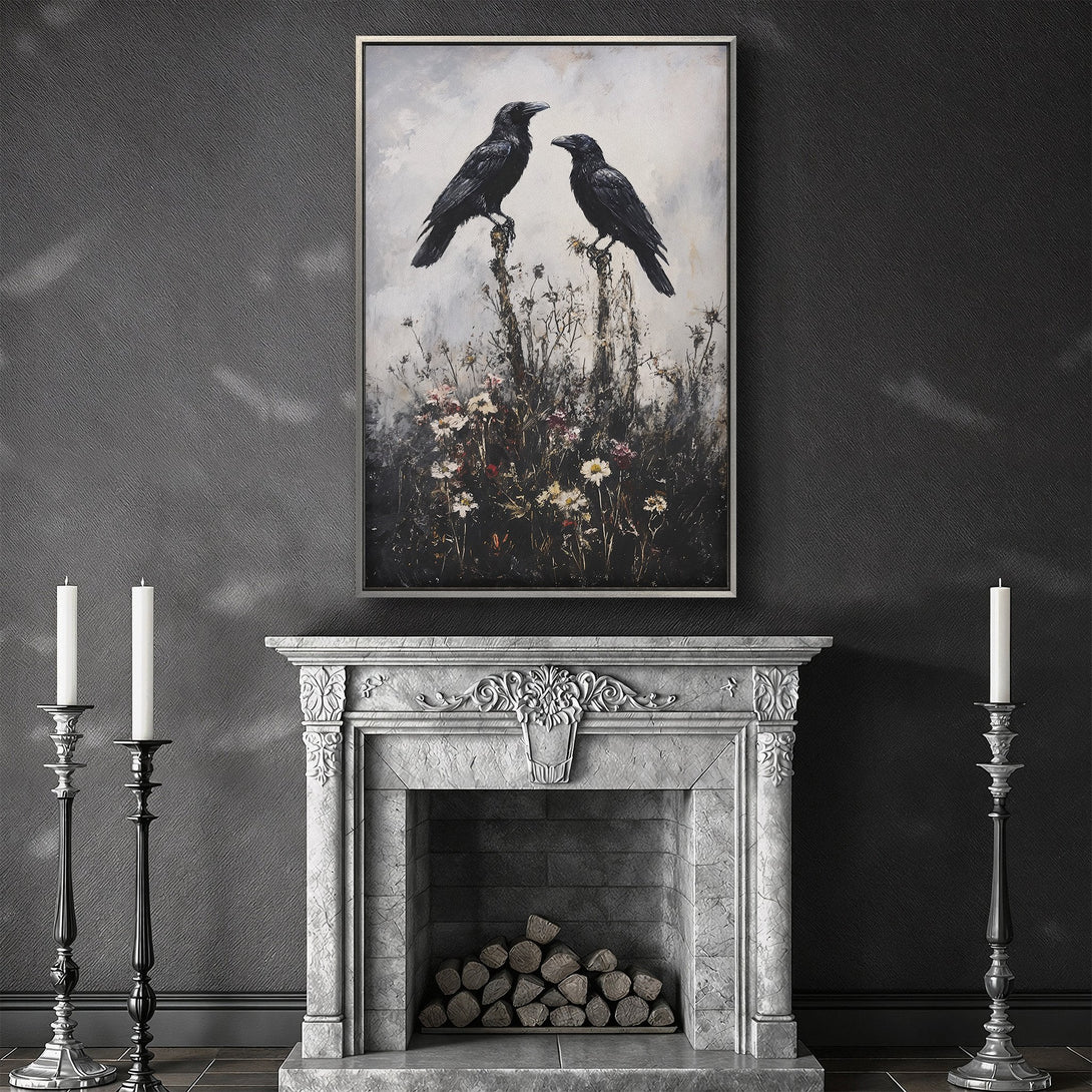 Framed Wall Art featuring two black crows on a branch, painted in a moody, dark color palette. Perfect for adding a touch of gothic elegance.