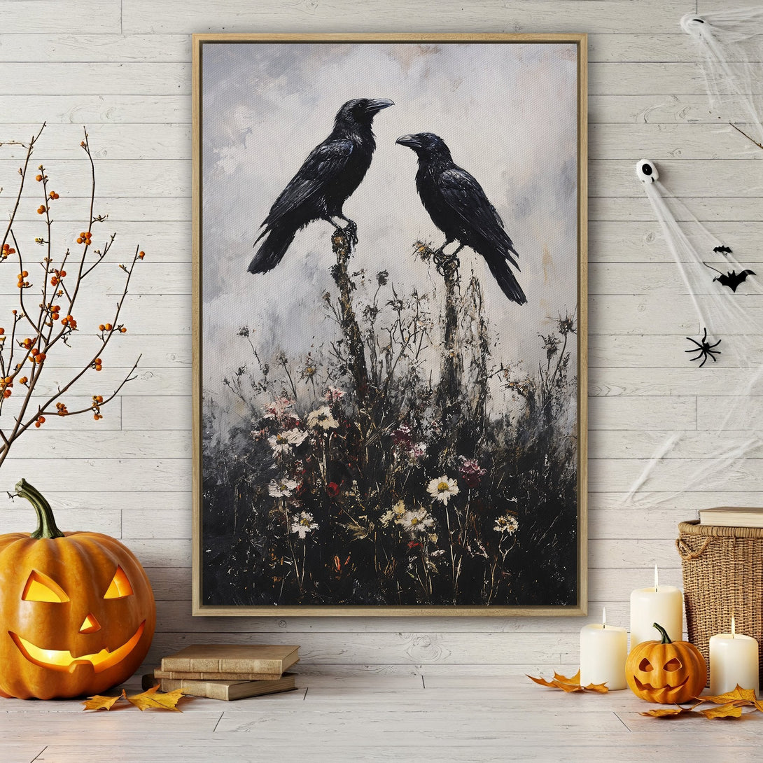 Framed Wall Art: Two crows perched on branches, dark and moody painting with a neutral color palette. Perfect for Halloween decor!
