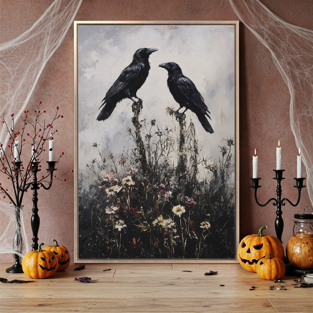 Framed Wall Art featuring two black ravens on a floral background. Moody, gothic style with a dark, muted color palette perfect for Halloween decor.