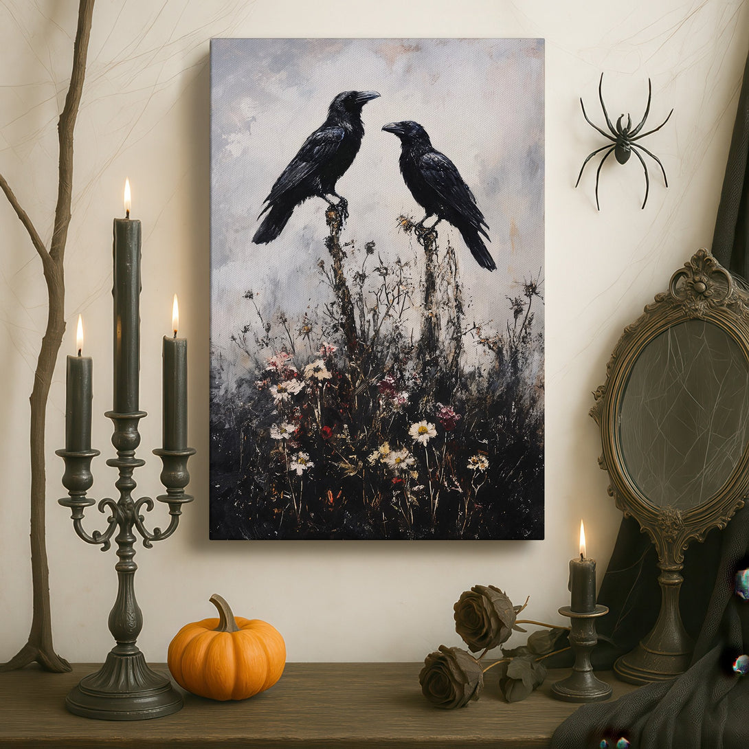 Framed Wall Art featuring two black ravens on a branch, moody style with a dark, neutral color palette. Perfect gothic decor for your home.
