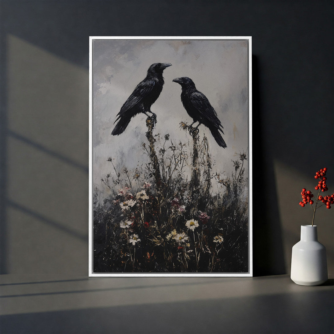 Framed Wall Art featuring two black ravens perched on a floral landscape. Dark, moody color palette with a painterly style. Perfect for gothic home decor.