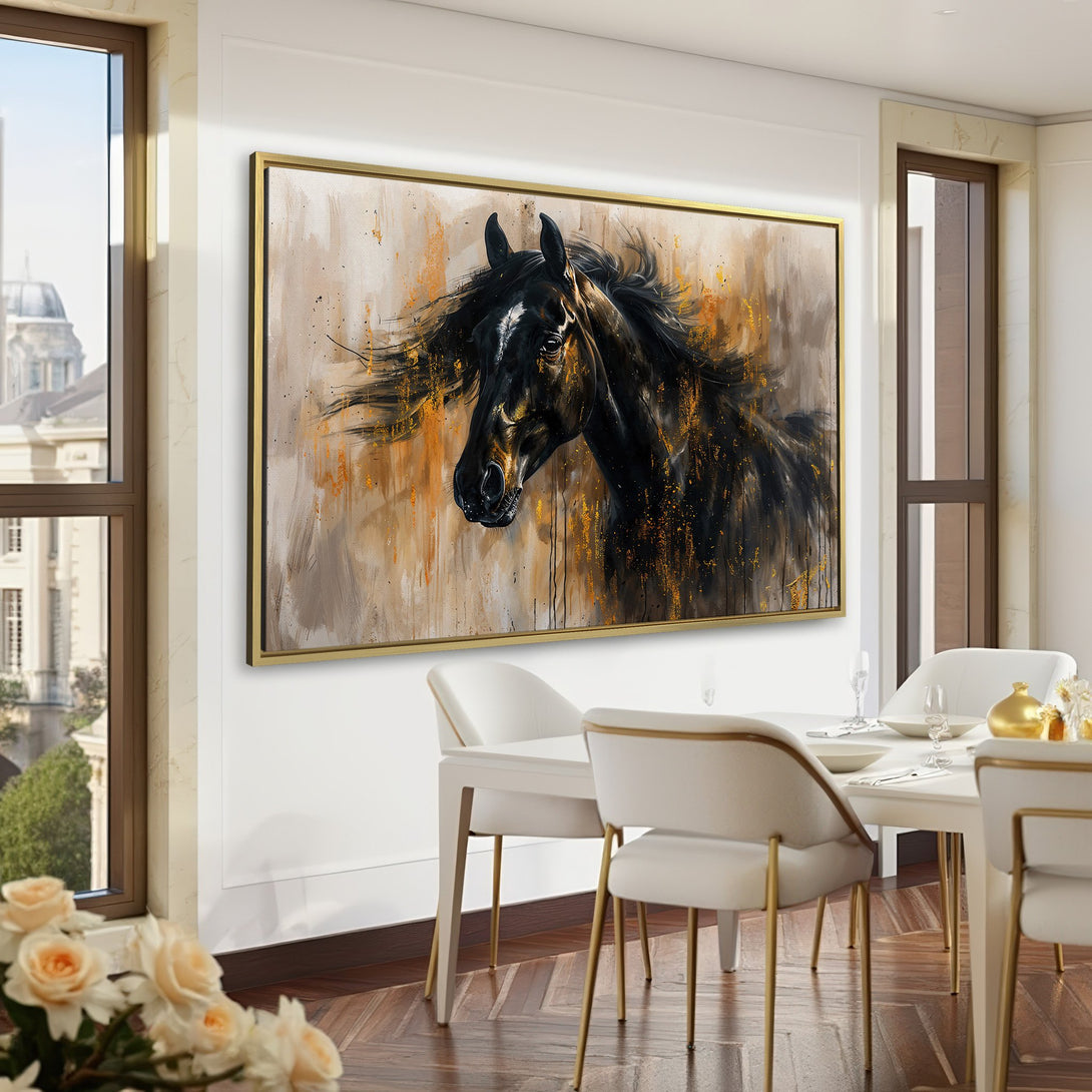 Canvas Print of a majestic black horse painting. Artistic style with gold accents, set against a green interior. Elevate your space with this stunning wall art.