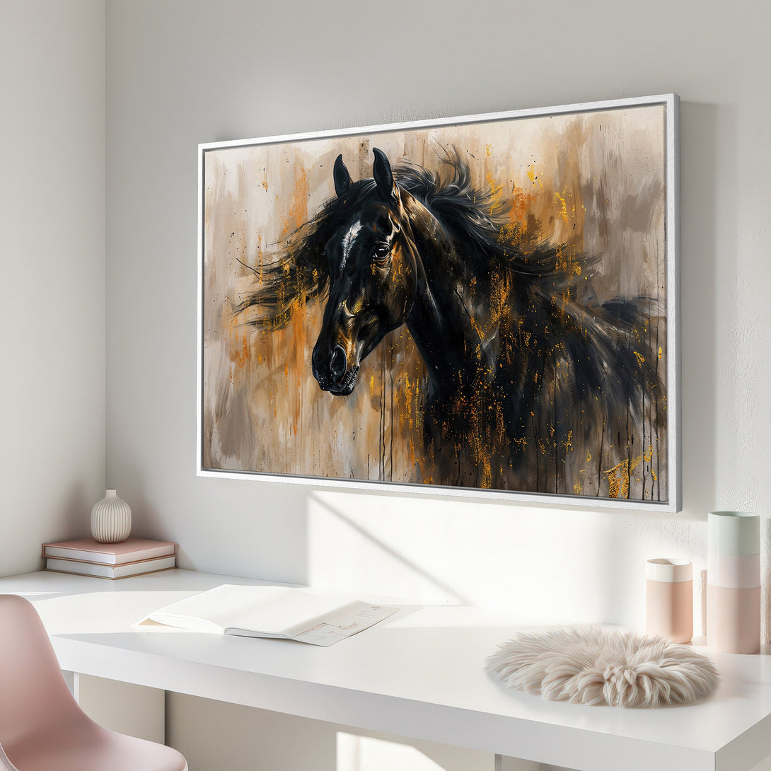 Framed Wall Art: Stunning black horse painting in neutral tones. Modern abstract style canvas print for your home decor.