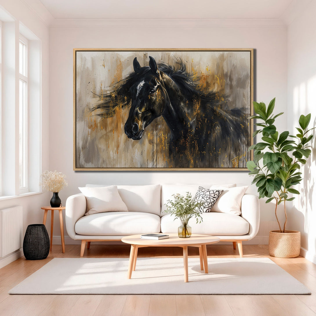 Framed Wall Art: Stunning black horse painting with gold accents. Modern abstract style, neutral color palette. Perfect for living room decor.