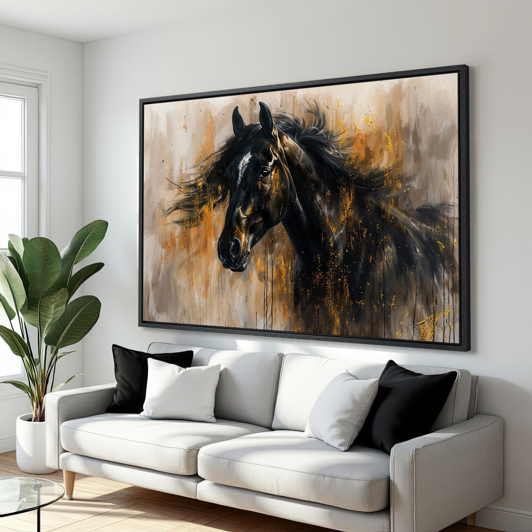 Framed Wall Art of a majestic black horse. Abstract style with gold and neutral color palette. Elevate your space with this stunning Canvas Print!