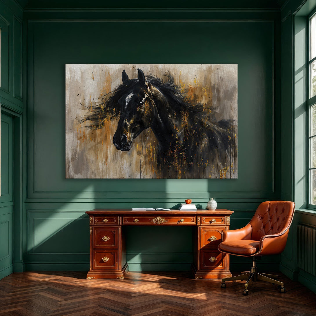 Framed Wall Art of a majestic black horse in an abstract style. Warm, neutral color palette with gold accents. Perfect for modern decor.