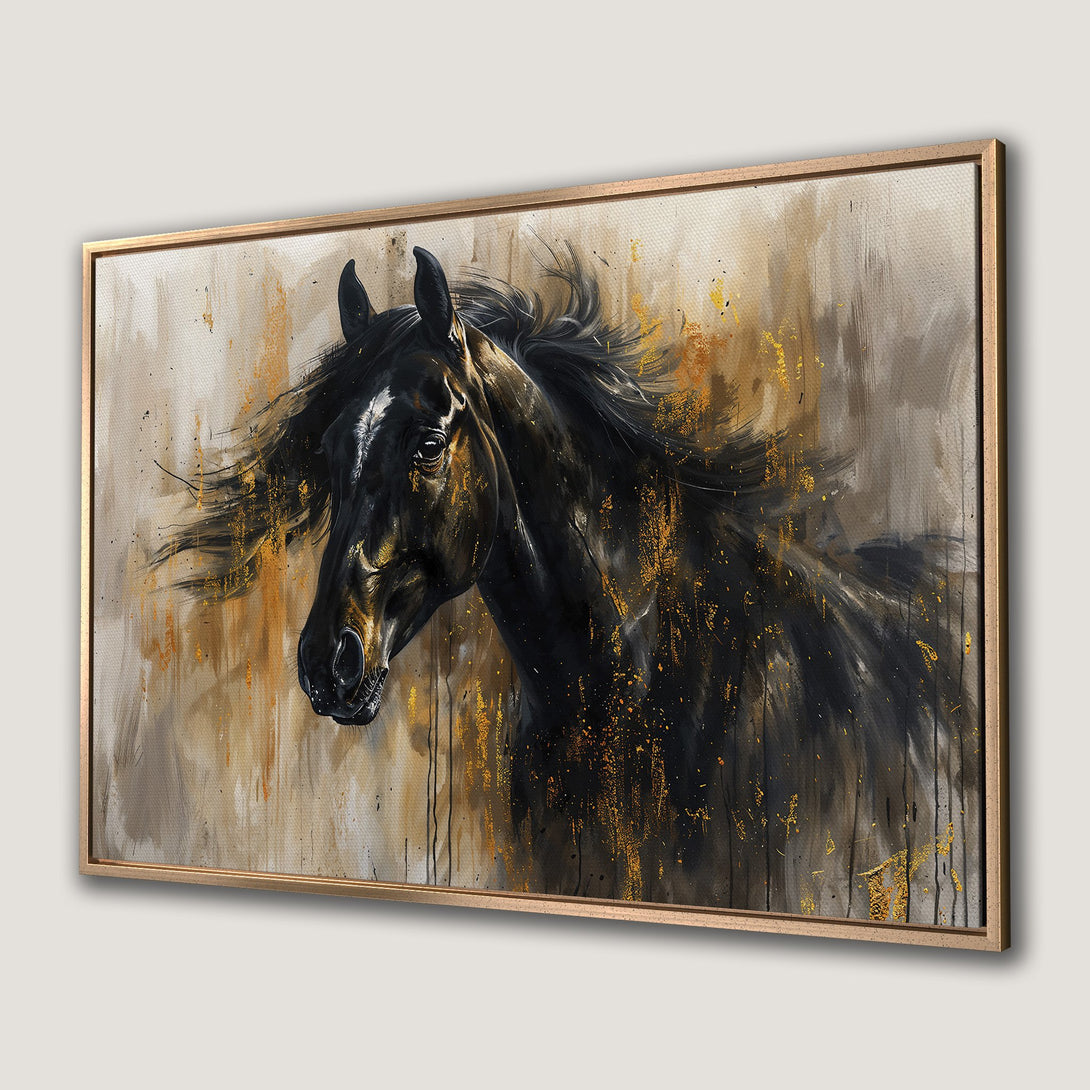 Framed Wall Art: Stunning black horse painting with gold accents. Modern abstract style, warm earth-tone palette. Elevate your decor with this captivating canvas print.
