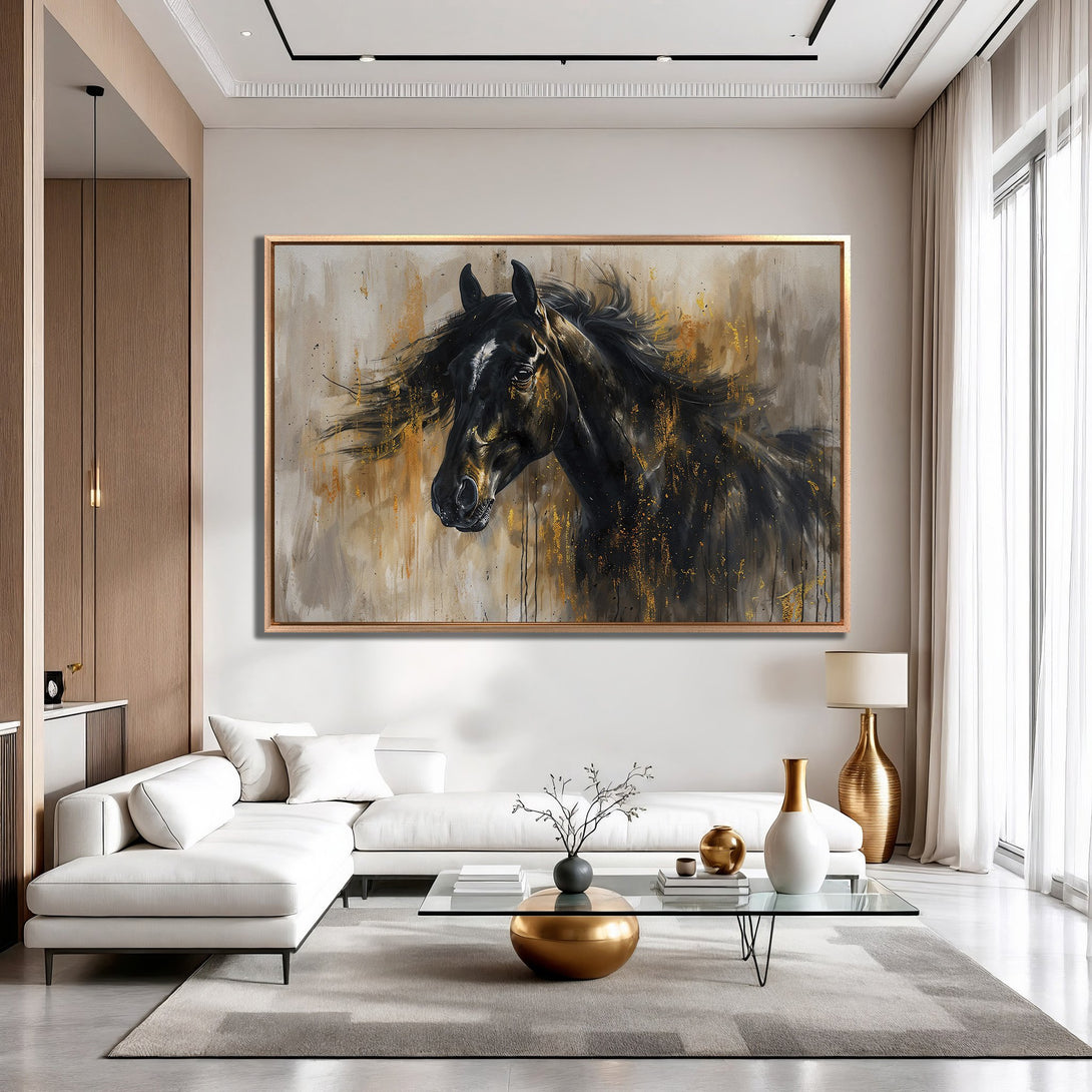 Framed Wall Art: Majestic black horse painting with gold accents. Modern abstract style in neutral and gold tones. Perfect for living room decor.
