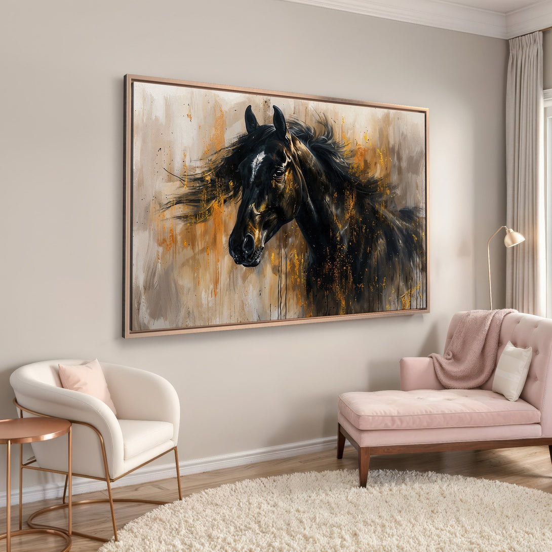 Framed Wall Art: Stunning horse portrait in black, gold, and neutral tones. Modern abstract style. Perfect for living room decor.