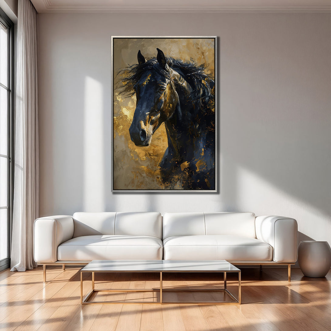 Framed Wall Art: Stunning black horse portrait in gold and neutral tones. Perfect for modern home decor. Shop now!