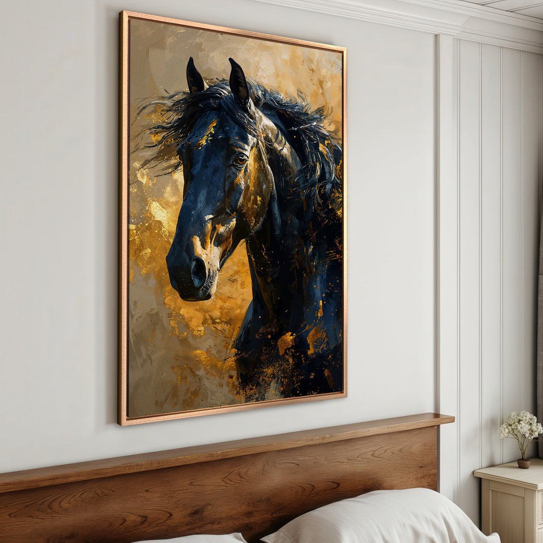 Framed Wall Art: Stunning black horse portrait with gold accents. Modern art canvas print, perfect for your bedroom decor. Shop now!