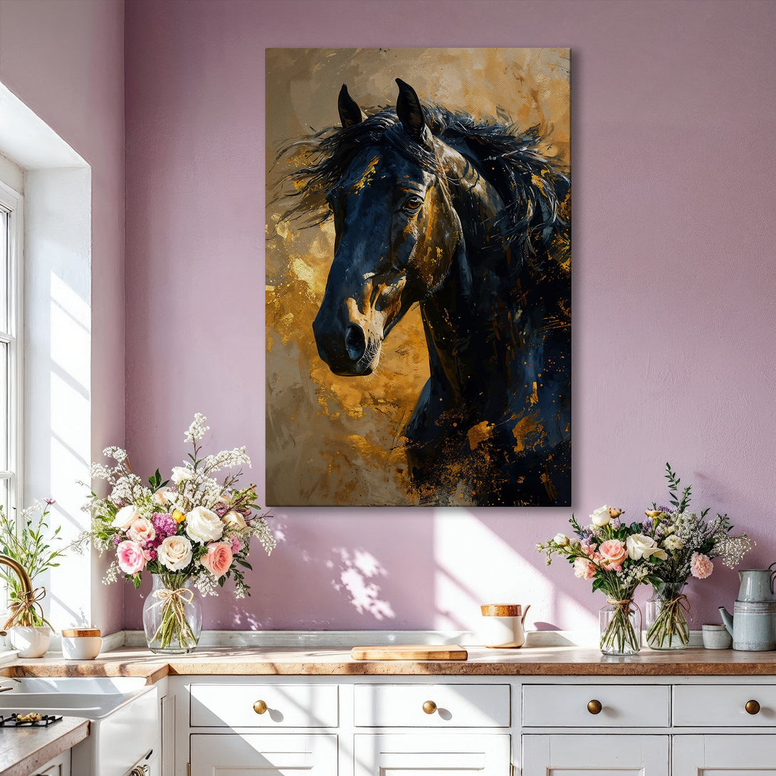 Framed Wall Art: Majestic black horse portrait in gold and neutral tones. Modern, elegant canvas print for living room decor.