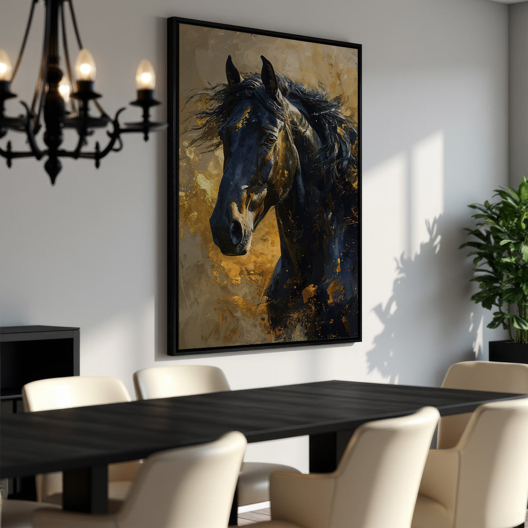 Framed Wall Art: Stunning black horse portrait in a dining room. Modern, abstract style with gold and neutral tones. Elevate your space with this captivating canvas print.