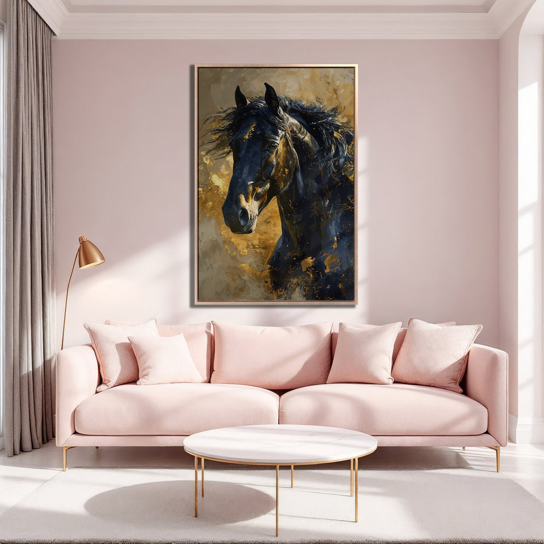 Framed Wall Art featuring a majestic black horse in an abstract style with gold accents. Perfect for adding elegance & warmth to any space.