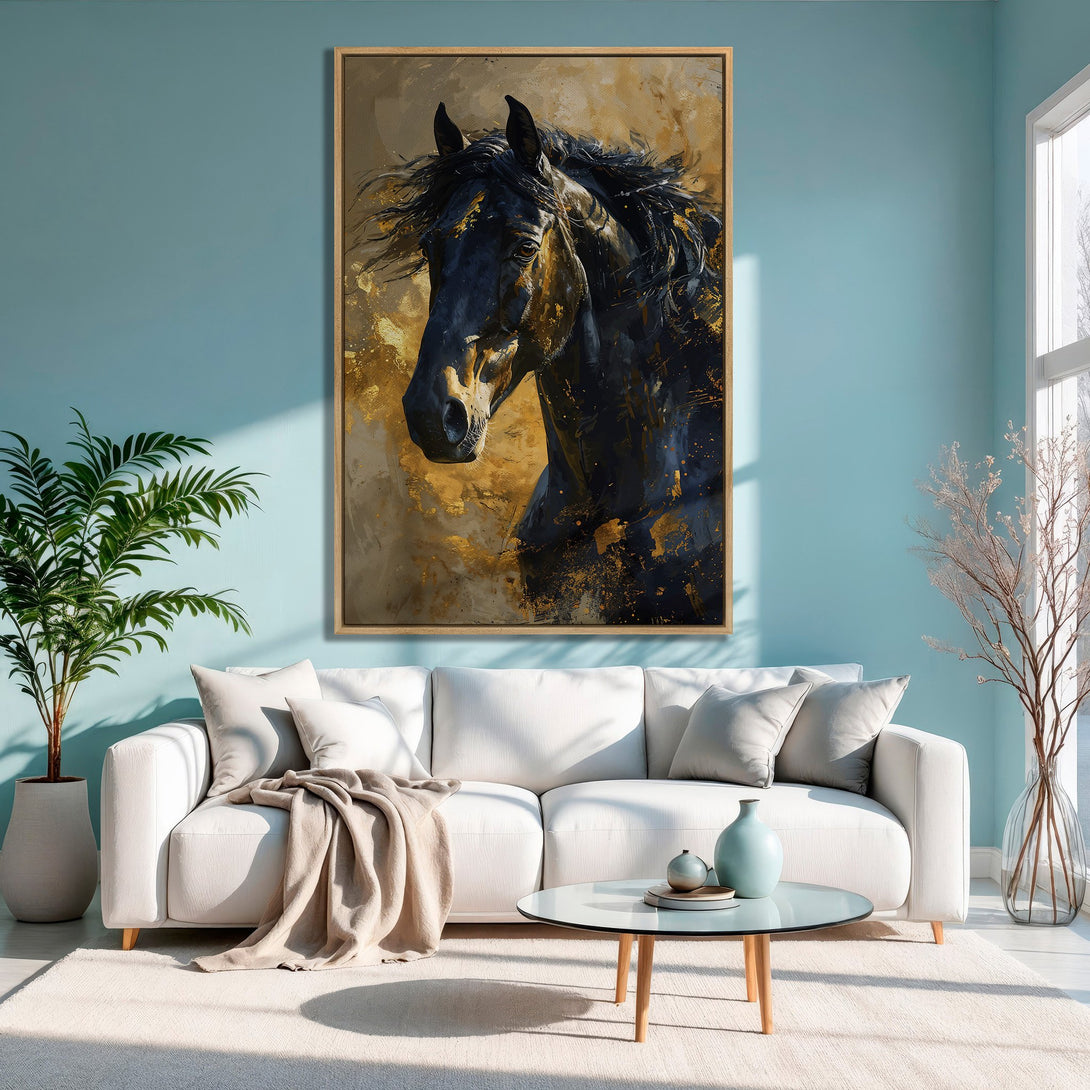 Framed Wall Art: Majestic black horse painting with gold accents. Modern art in a neutral and gold color palette. Perfect for home decor.