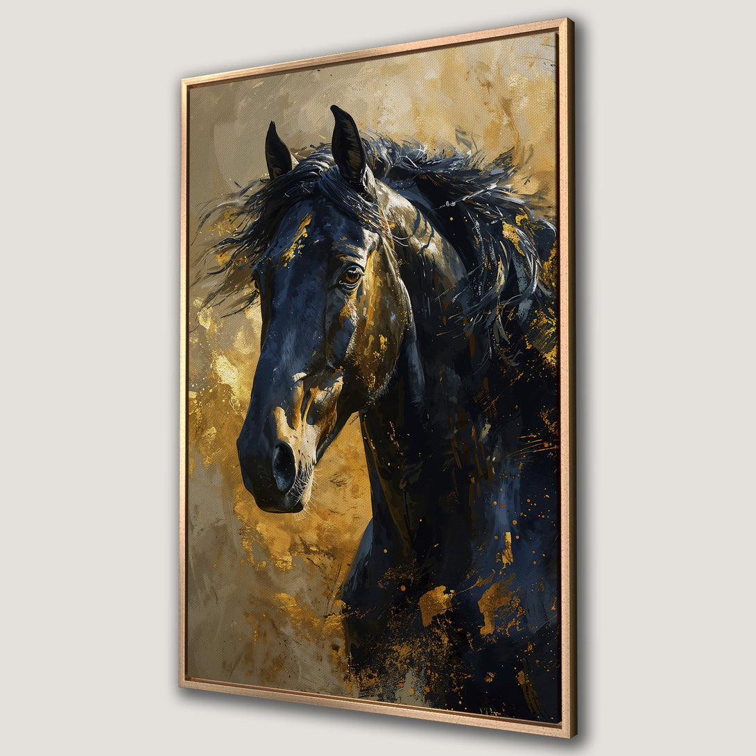 Framed Wall Art: Majestic black horse portrait in a gold and navy abstract style. Elevate your space with this stunning canvas print!
