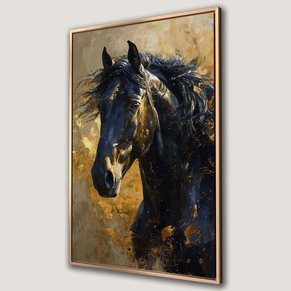 Framed Wall Art: Majestic black horse portrait in a gold and navy abstract style. Elevate your space with this stunning canvas print!