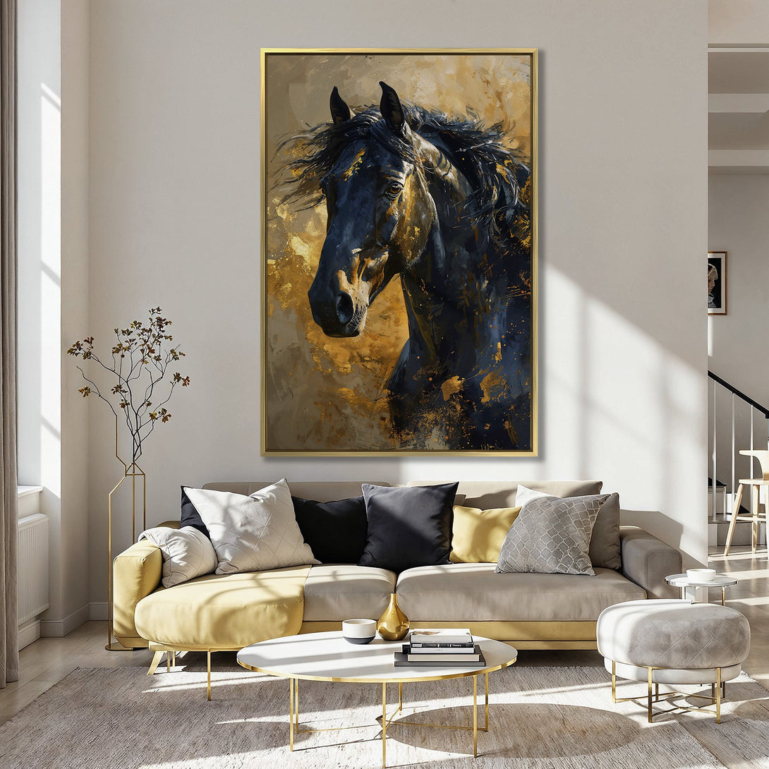 Canvas Print of a majestic black horse in an abstract style with gold accents, displayed in a cozy interior with a pink wall.