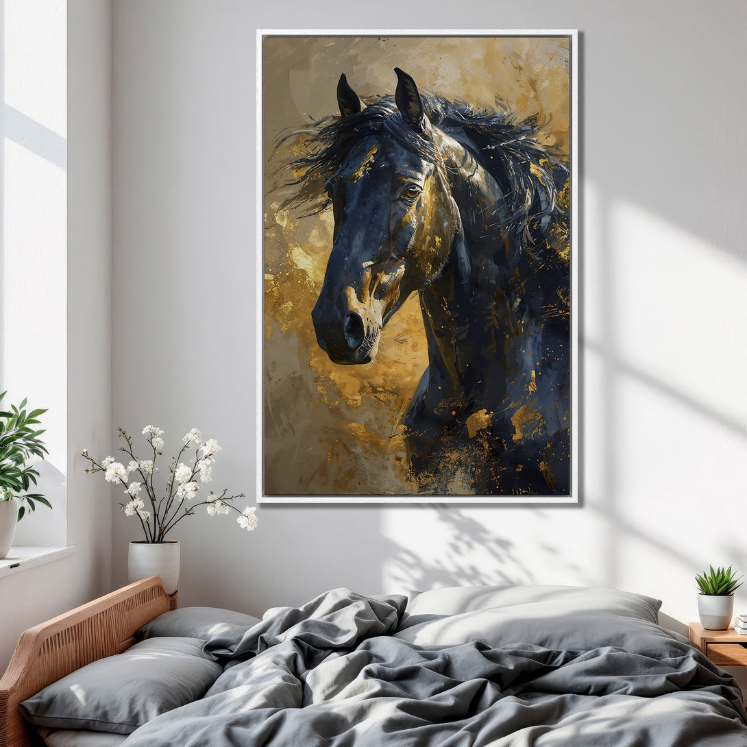 Framed Wall Art: Stunning black horse painting with gold accents. Modern abstract style, perfect bedroom decor. Add a touch of elegance with this canvas print!