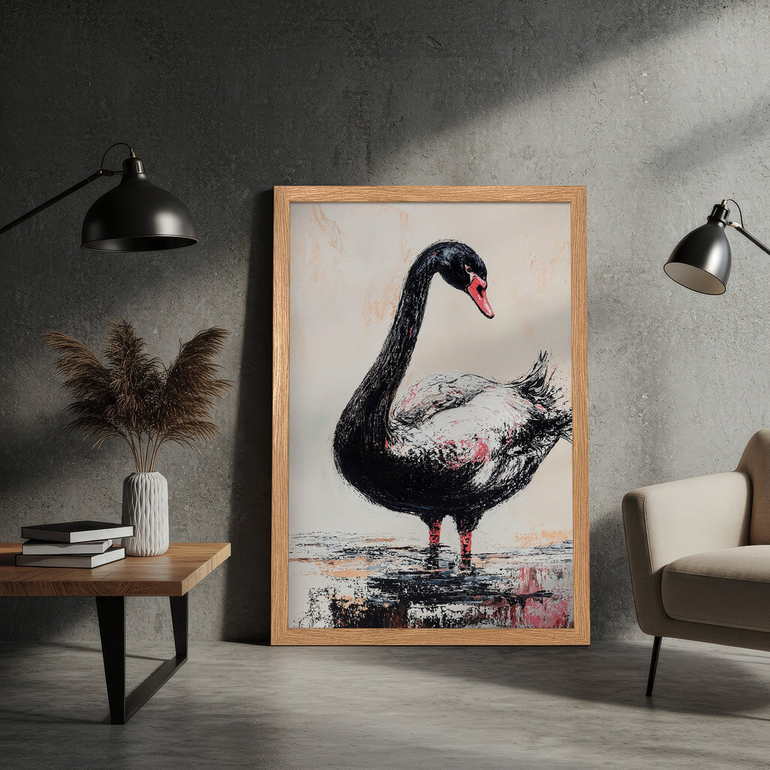 Framed Poster featuring a black swan painting in a modern style with a neutral color palette. Perfect wall art for your home!