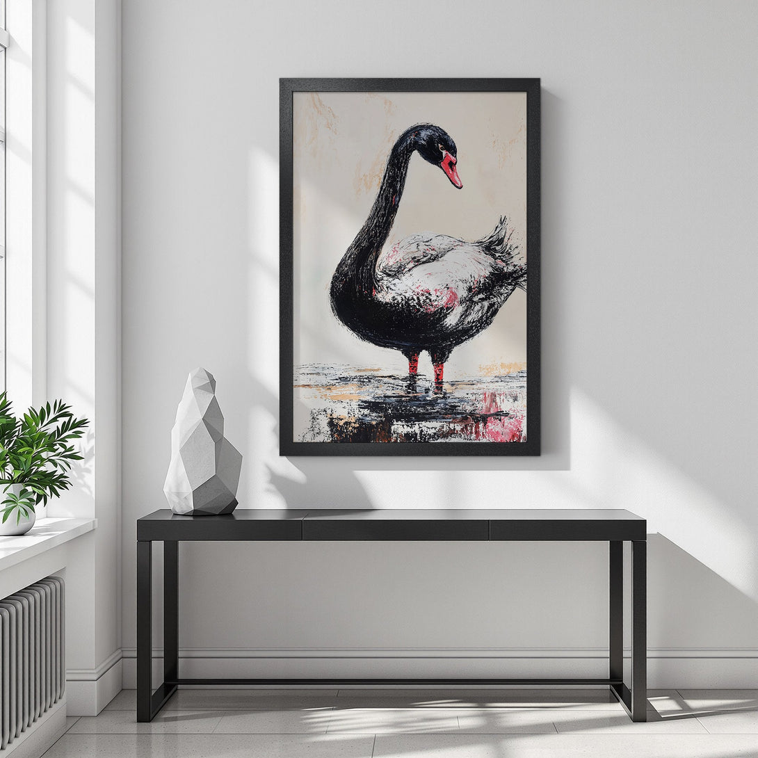 Framed Poster featuring a black swan painting in a modern style with a neutral and black color palette. Enhance your decor!