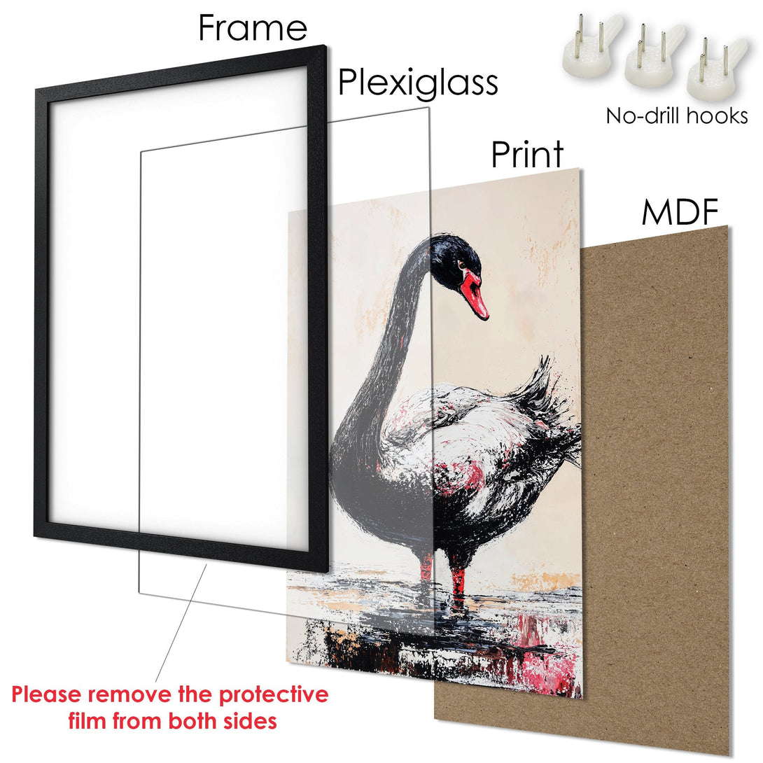 Framed Poster art print of a black swan, abstract style, neutral & red palette. Perfect wall decor!