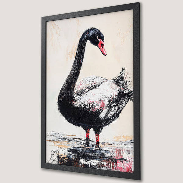 Framed Poster featuring a majestic black swan in expressive, abstract style. Neutral palette with pops of red. Perfect wall art!