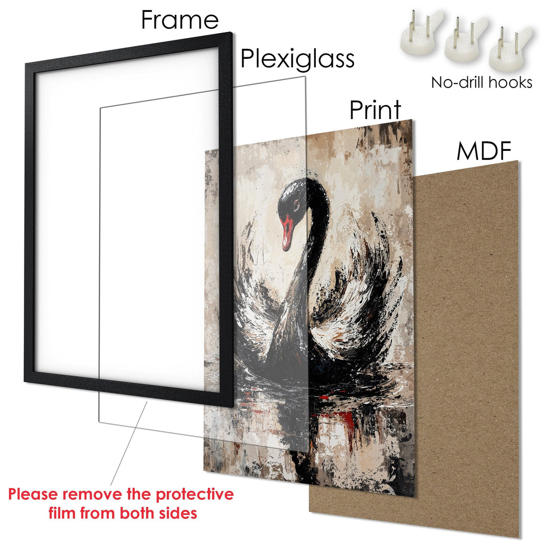 Framed Poster featuring a black swan abstract art print. Neutral color palette with black, white, and beige tones. Ready to hang!