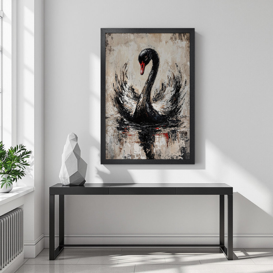 Framed Poster featuring a black swan painting in a modern style with a neutral color palette. Perfect wall art for any room.