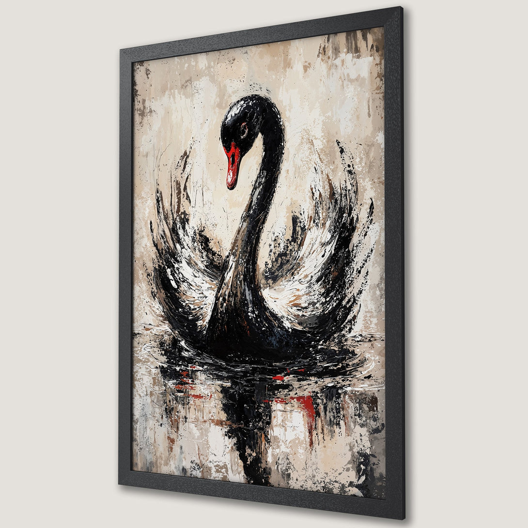 Framed Poster featuring a black swan art print. Abstract style with black, white, red, and beige color palette. Perfect wall decor.