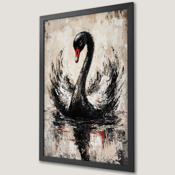 Framed Poster featuring a black swan art print. Abstract style with black, white, red, and beige color palette. Perfect wall decor.