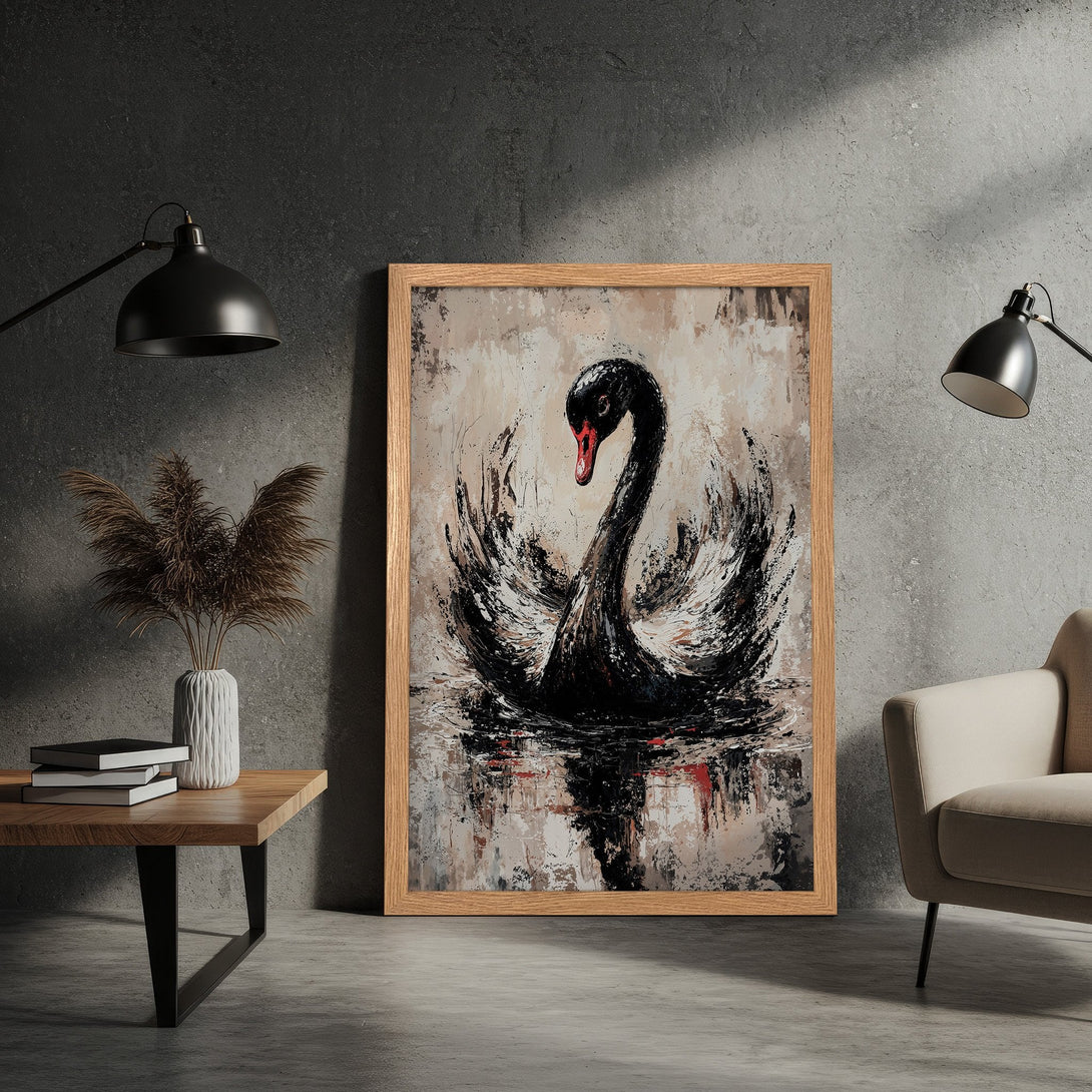 Framed Poster featuring a black swan abstract painting. Neutral color palette with splashes of red. Modern art style for home decor.