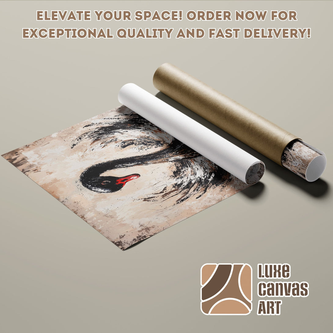 Poster Roll featuring an abstract black swan artwork in a neutral color palette. Elevate your space with Luxe Canvas Art!