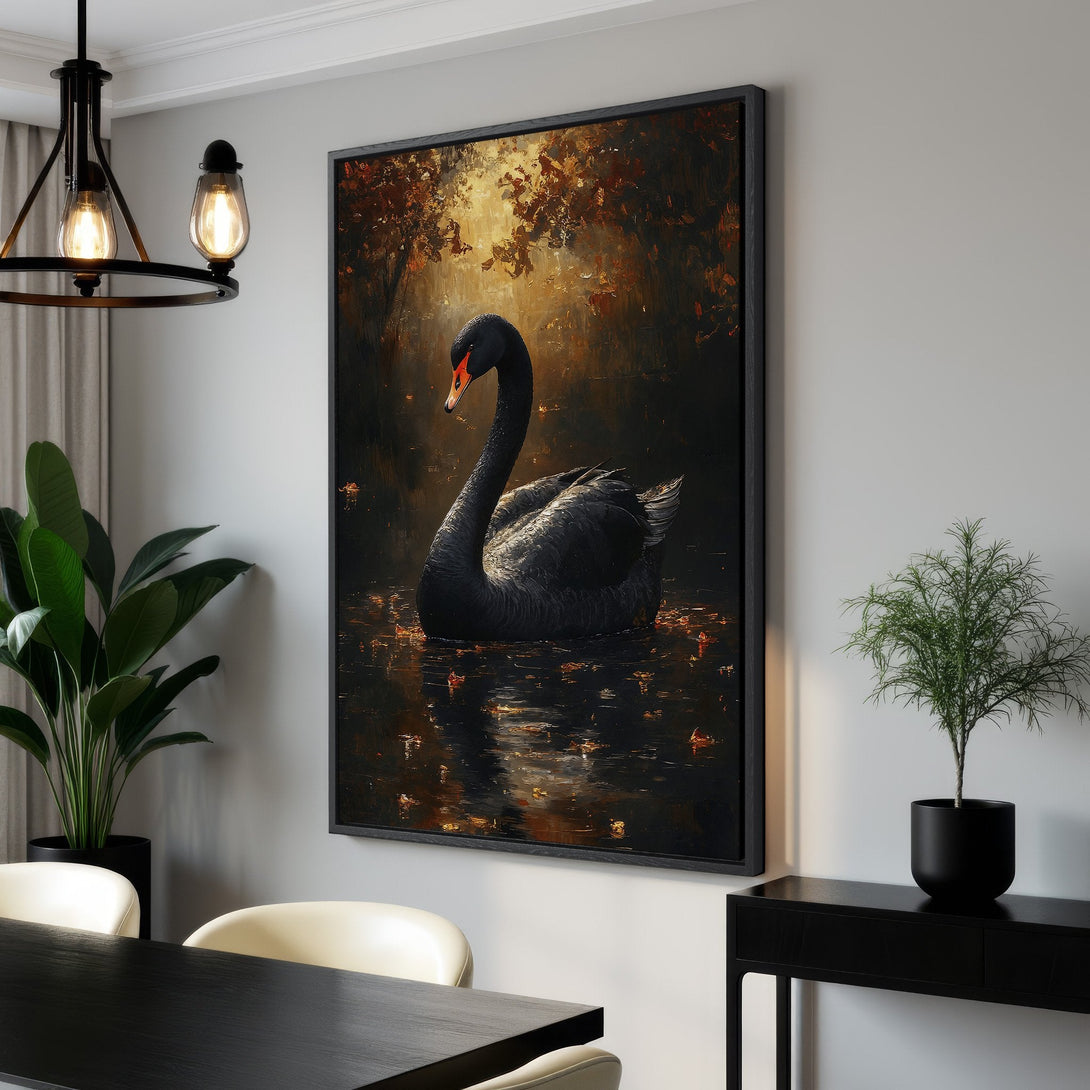 Framed Wall Art: Elegant black swan canvas print in a moody, warm color palette. Add a touch of sophistication to your space with this stunning artwork.