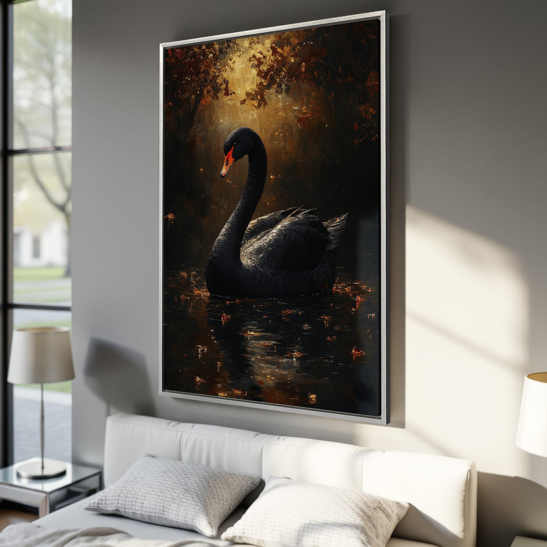 Framed Wall Art: Elegant black swan painting in a dark, moody style with a warm, autumnal color palette. Perfect for adding sophistication to any room.