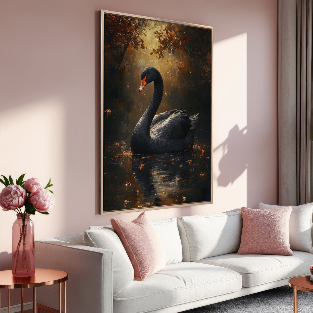 Framed Wall Art: Elegant black swan painting in a warm, moody style. Earthy tones and pink accents create a cozy, sophisticated interior.