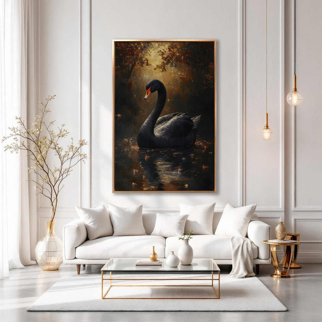Framed Wall Art: Elegant black swan painting in a gold frame. Adds a touch of luxury with a dark, moody color palette to any living space.