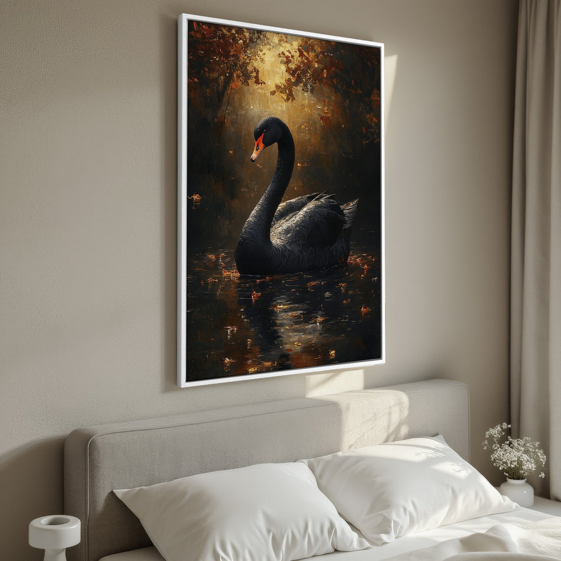 Framed Wall Art: Elegant black swan painting in a dark, moody style. Earthy tones and gold accents create a sophisticated and calming aesthetic. Perfect wall decor!