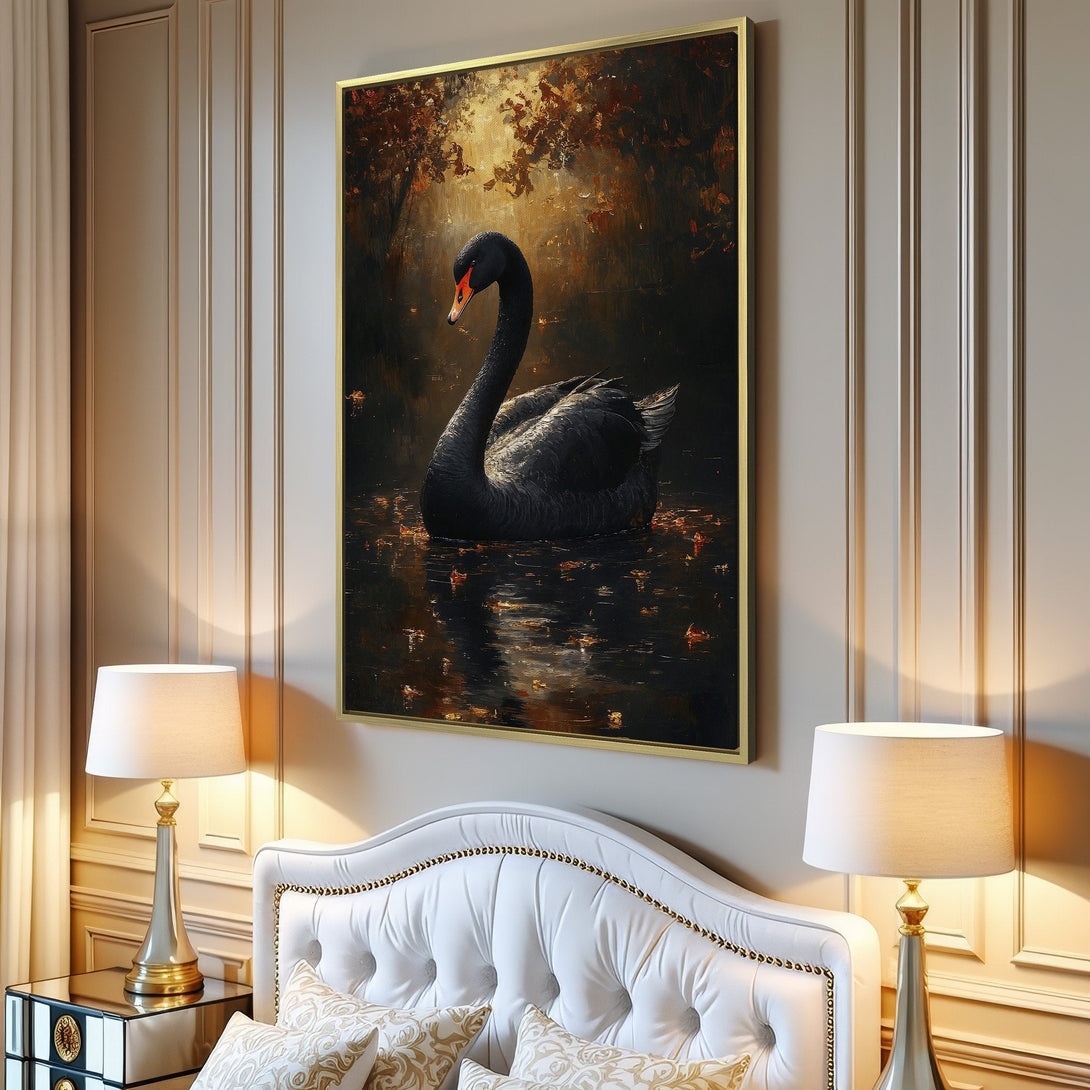 Canvas Print of a black swan on water, warm autumnal colors. Perfect wall art for your living room!