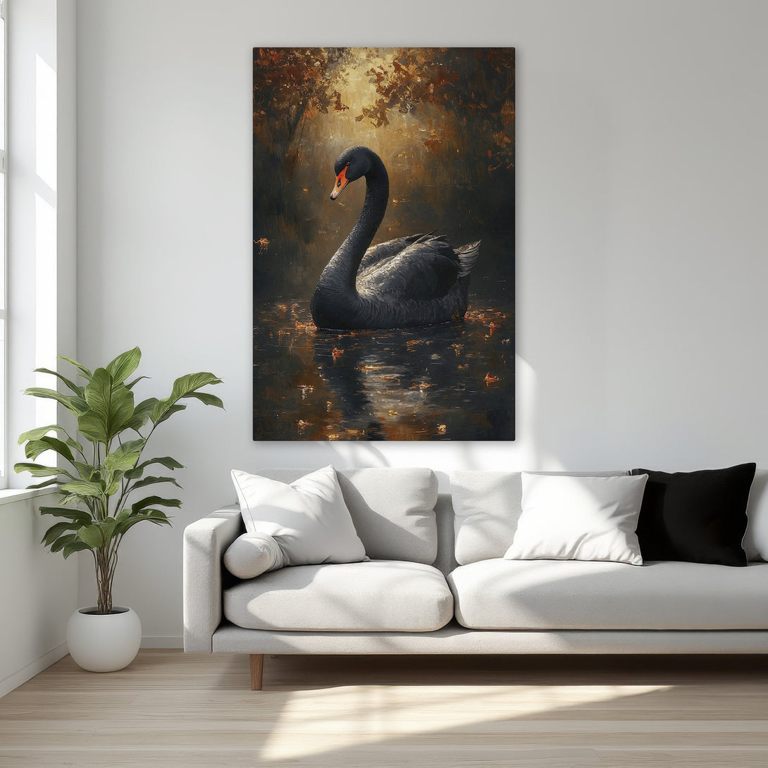 Framed Wall Art: Elegant black swan painting in a warm, moody color palette. Enhance your space with this stunning canvas print.