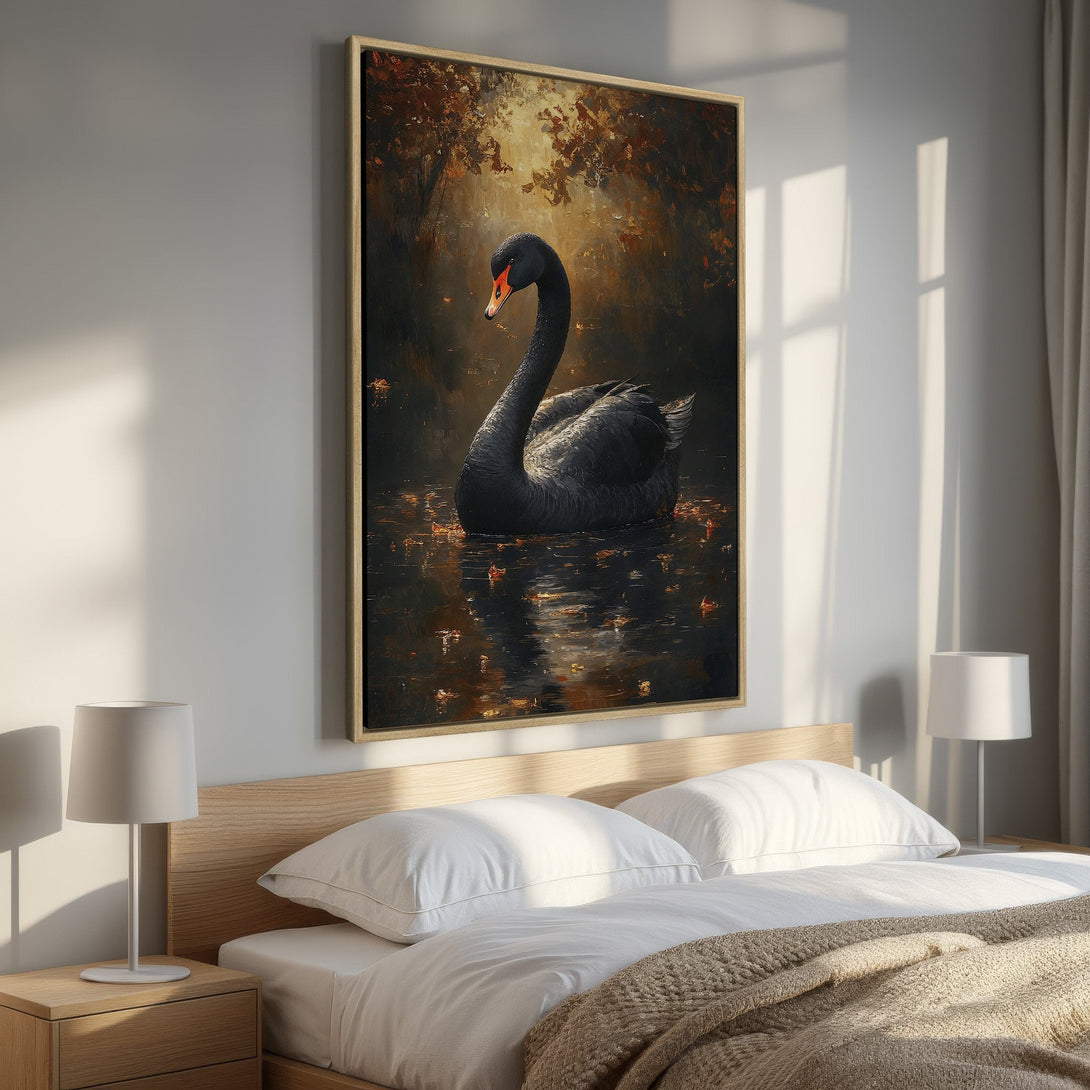 Framed Wall Art featuring a majestic black swan in a pond. Dramatic, painterly style with a warm, earthy color palette. Perfect for bedroom decor.